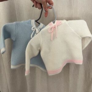Hand Knit Baby Sweater Set - Blue and White